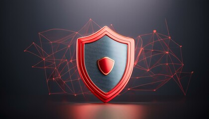 Um escudo vermelho com conexões digitais ao fundo indicando segurança
