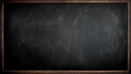 Dark black textured chalkboard with white chalk stains in the aged wooden frame. Grunge blackboard texture wallpaper design. Dirty black board wall background.	