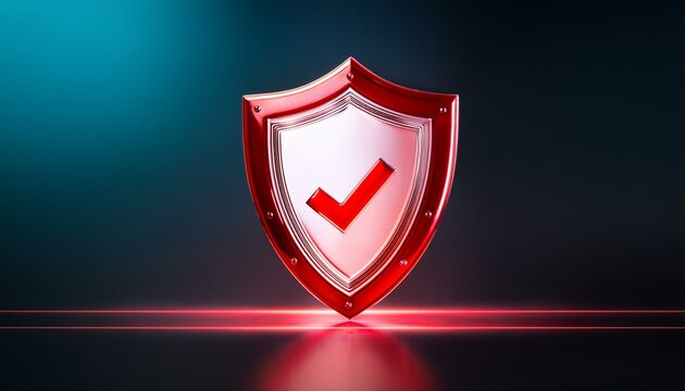 Um escudo 3d vermelho sobre uma superf&iacute;cie com um verificado ao centro, indicando seguran&ccedil;a