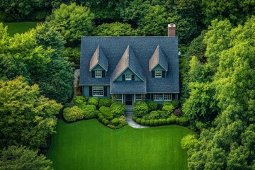 Fototapeta premium Aerial View Luxury Home Green Lawn Lush Trees Landscaping