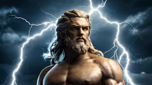 Zeus, Greek God of Thunder, Amidst Lightning Storm. Fantasy Majestic Game Scene Symbol. Strong and Powerful Character Avatar Art.