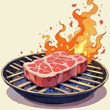 Raw Meat Steak Cooking on Hot Grill with Flames, BBQ, Outdoor Grilling