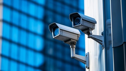 Security cameras on modern office building facade. Ideal for surveillance and safety system marketing.