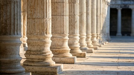 Classical stone columns in perspective with sunlight. Perfect for architectural heritage and education concepts.