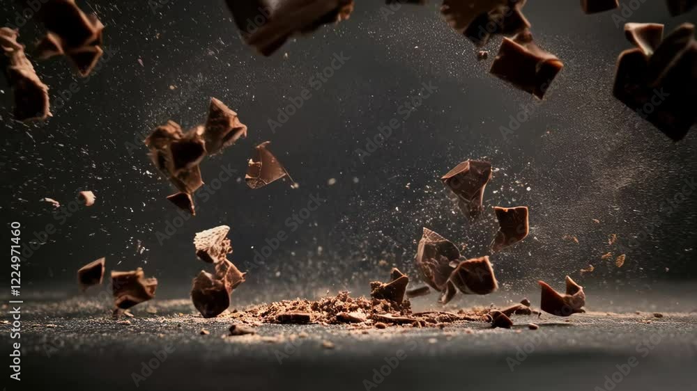 Aufkleber Chocolate bar pieces exploding and levitating with cocoa powder creating a dynamic and delicious scene on a dark background, perfect for confectionery and dessert advertising