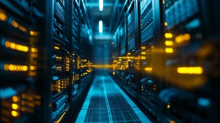 Obraz premium Modern server room with blue lighting effects. Perfect for data center and technology infrastructure.