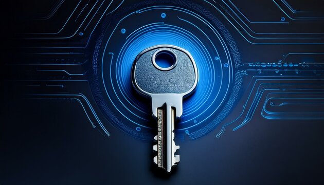 Uma chave azul simulando seguran&ccedil;a digital e criptografia