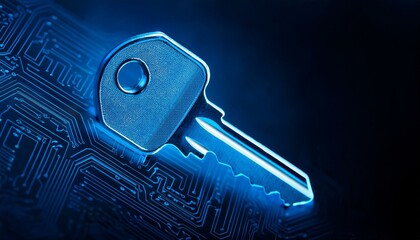 Uma chave azul simulando segurança digital e criptografia