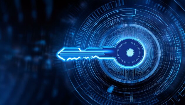 Uma chave azul simulando seguran&ccedil;a digital e criptografia