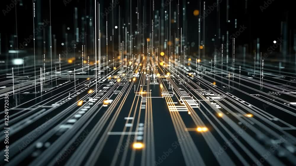 Poster explore complex digital circuits enhanced by bright lights, showcasing an intricate network in a cap