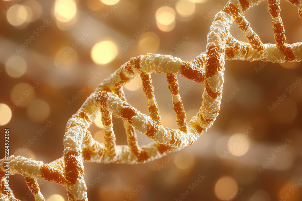 Poster 3d representation of dna structure with golden hue, showcasing intricate details and blurred backgro