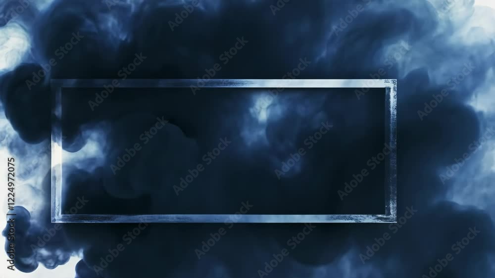 Poster swirling blue smoke creates an ethereal background with an empty rectangular frame