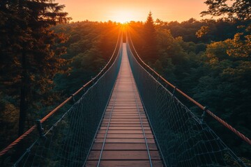 Fototapeta premium Suspension Bridge at Sunset Forest Path Adventure Travel
