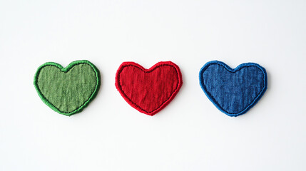one red, blue and Green heart Embroidered Appliqué Patches, flat lay, front view, white background.