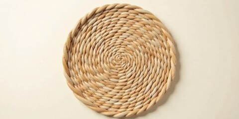 Obraz premium Circular Woven Coaster with Spiral Pattern, Natural Fiber Texture, Light Beige Background
