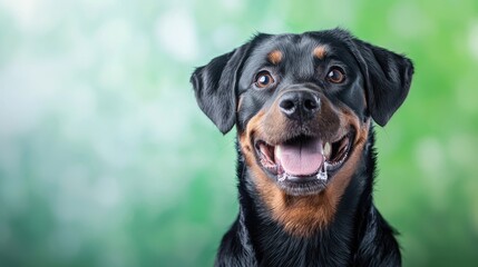 Fototapeta premium Happy Rottweiler dog portrait, green bokeh background, pet adoption