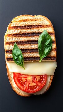 Naklejki Grilled bread with cheese tomato and basil forming a funny face on a dark background