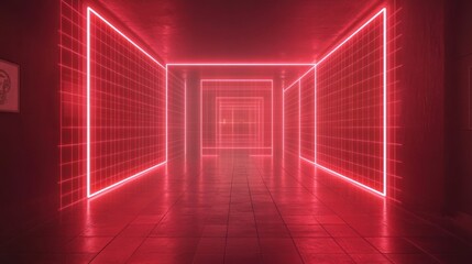 Red neon lights illuminate a long, reflective corridor.