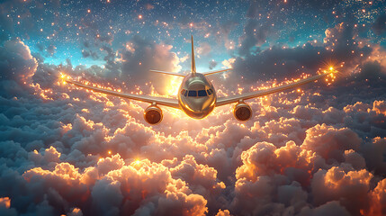 Golden airplane soaring through sunset clouds and starry night sky.  Dramatic, luxurious travel concept. Ideal for websites, brochures, and travelrelated advertising.