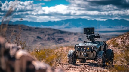 Fototapeta premium Military robot on rugged terrain, overlooking mountains.