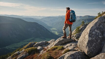 Obraz premium hiker in an orange jacket stands atop a rocky mountain peak, gazing over vast green valleys. The breathtaking view symbolizes adventure, exploration, and a connection with nature