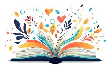 Open book with vibrant leaves bursts, a whimsical illustration.
