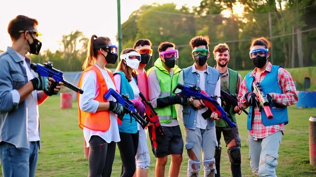 Group of friends playing a paintball game outdoors