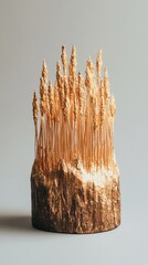 Golden wheat stalks rising from a textured base against a plain background studio shot