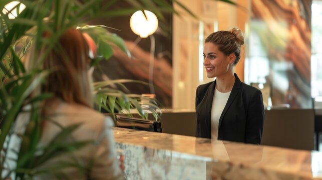 Smiling girl behind the reception desk in a stylish hotel with green plants. Great for advertising hotel services, customer service trainings.