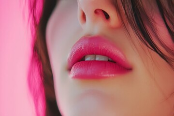 Fototapeta premium Close up of beauty skincare woman take lipstick on the pink background.