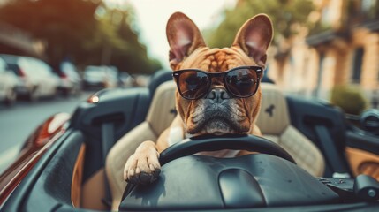 Cheerful bulldog wearing sunglasses driving a car, perfect for advertising car accessories or themed posters.