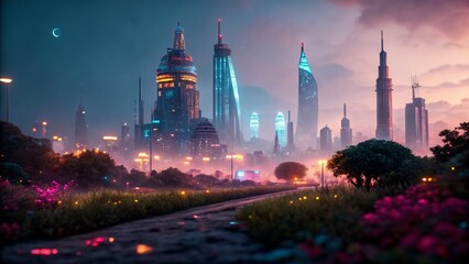 Obraz premium Surreal City Skyline Wallpaper: Point Cloud Blurred Effect