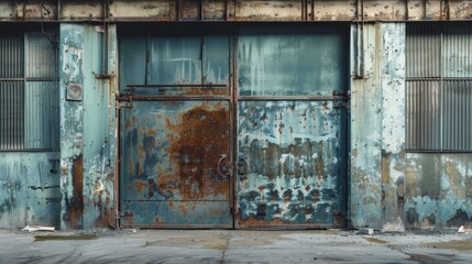 Old metal gates with rust and peeling paint, great for illustrating urban and industrial themes, as well as poster and cover designs.