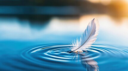 A delicate feather floating on calm water, creating gentle ripples, reflecting tranquility and nature's beauty.