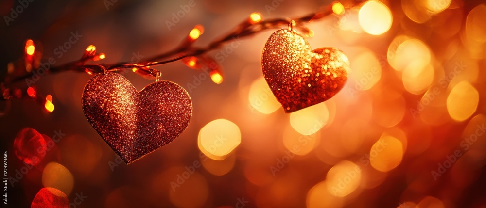 Poster two glittery heart ornaments hang from a string of warm lights creating a festive glow