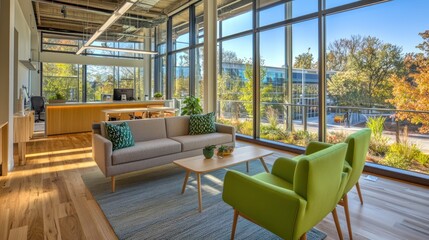 Contemporary open-plan office with Scandinavian style featuring large windows and natural light