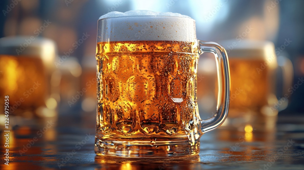 Poster cold beer mug with foam and condensation on a dark bar table with blurred background