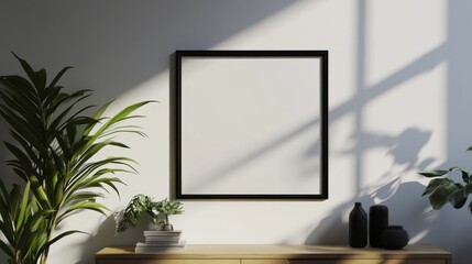 Fototapeta premium Empty Frame on Wall with Plant and Shadow in Bright Room