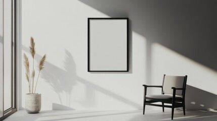 Minimalist Living Room with Sunlight, Chair, and Empty Frame
