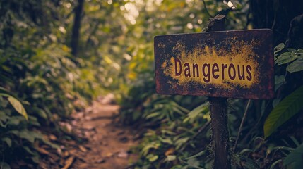 Caution Sign in Lush Green Jungle Path