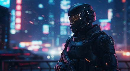 A futuristic soldier in a black power armor stands in a brightly lit city at night.
