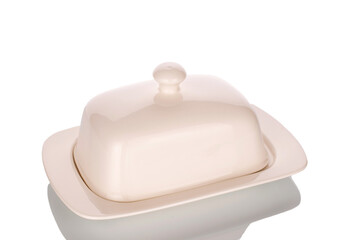 One ceramic container for butter, close-up, isolated on white background.