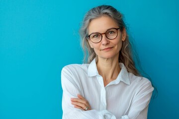 Fototapeta premium European mature woman holding copyspace and looking at camera isolated over blue background.