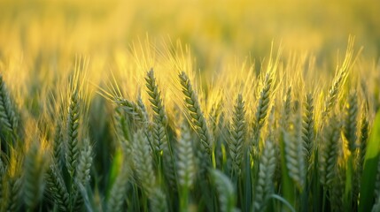 Fototapeta premium Green wheat field in golden sunlight. Ideal for agriculture and organic farming concepts.