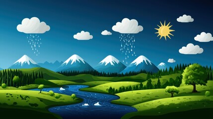 Fototapeta premium A vibrant, illustrated landscape featuring mountains, clouds, sun, rain, and a flowing river surrounded by lush greenery.