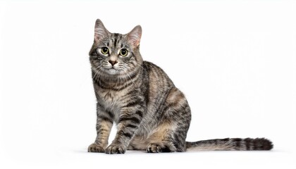 Obraz premium Grey stripped mixed-breed cat sitting, cat, kitten, isolated, white, funny, breed, animal, fun, cute, background, fur, furry, looking, portrait, domestic, felino, mammal, pet, young, grey, ad on white