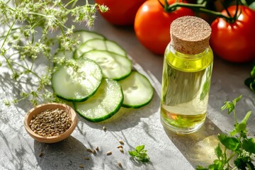 Fresh vegetable salad with cucumber, tomato and seeds.