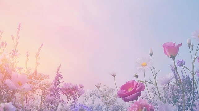 Wildflowers bloom in a soft meadow at sunrise for a floral website header background.