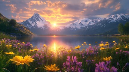 Sunset Over Sunflower Field and Mountains