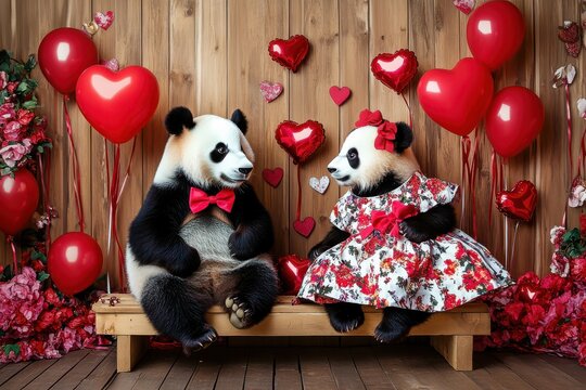 Adorable Panda Couple Celebrating Valentine's Day  